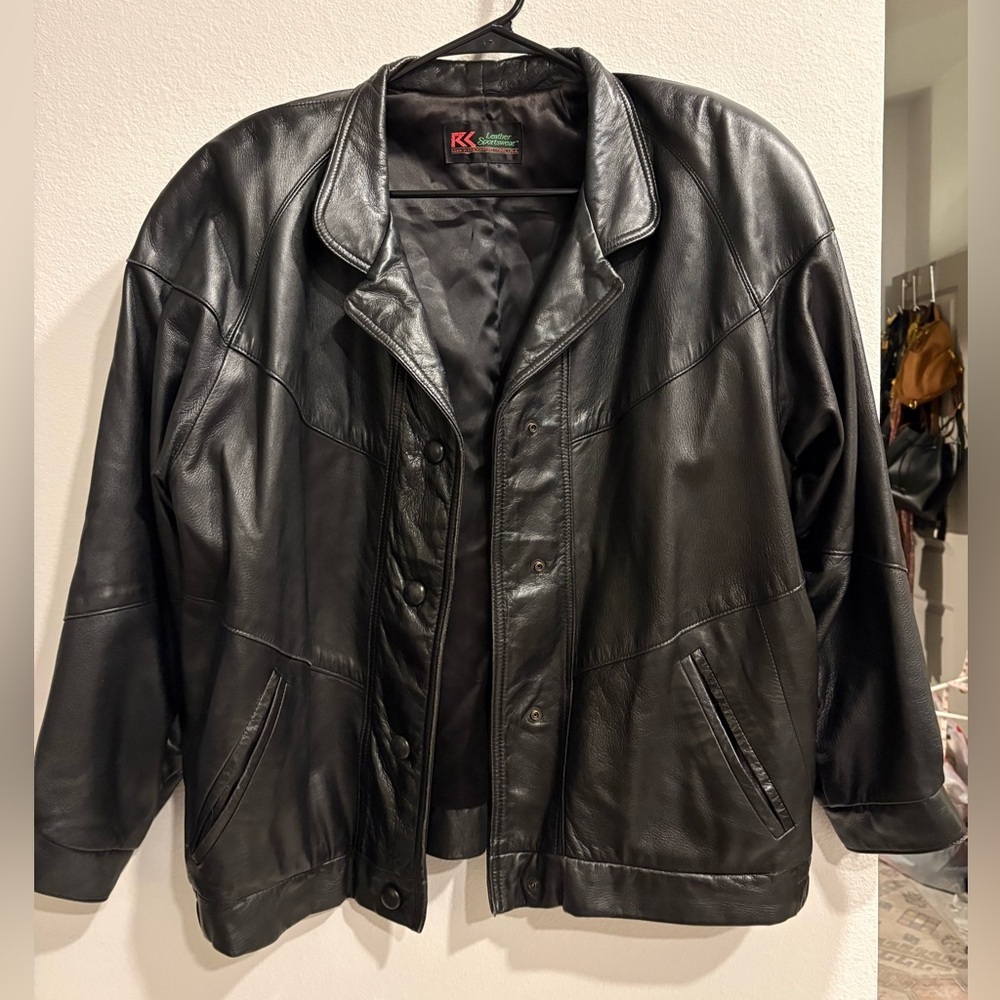 Vintage KK Leather Sportswear Black Leather Bomber Jacket Made in USA Sz L
